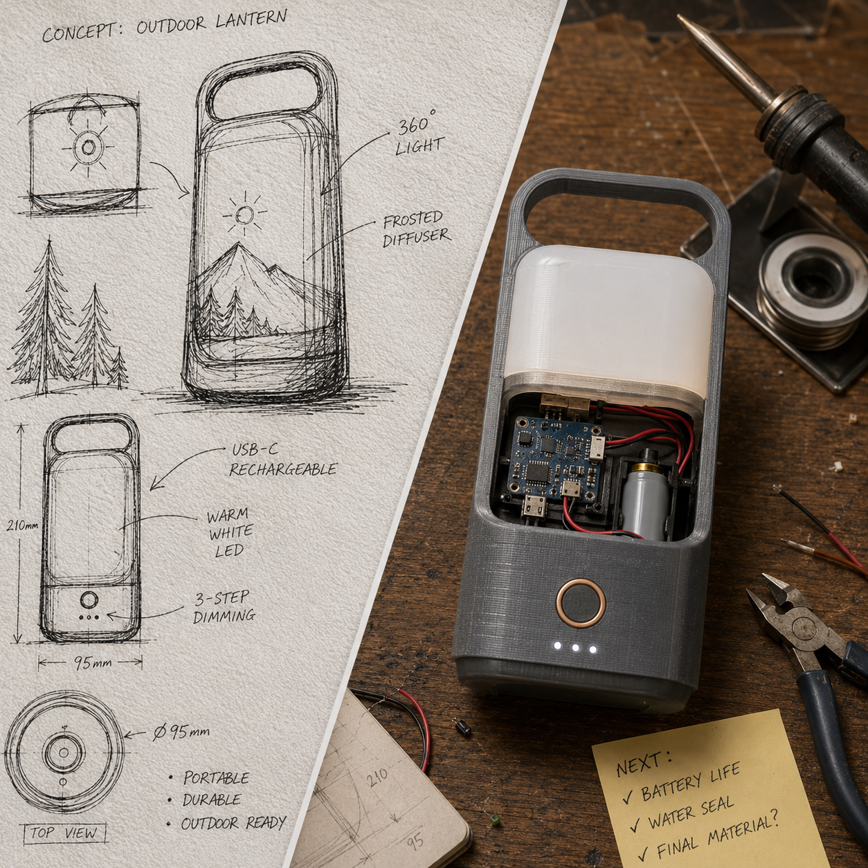A napkin concept sketch becoming a working 3D-printed prototype